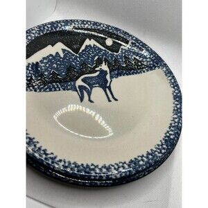 2 Vintage Folk Craft Wolf Tienshan plates Stoneware Blue White cottagecore hunt